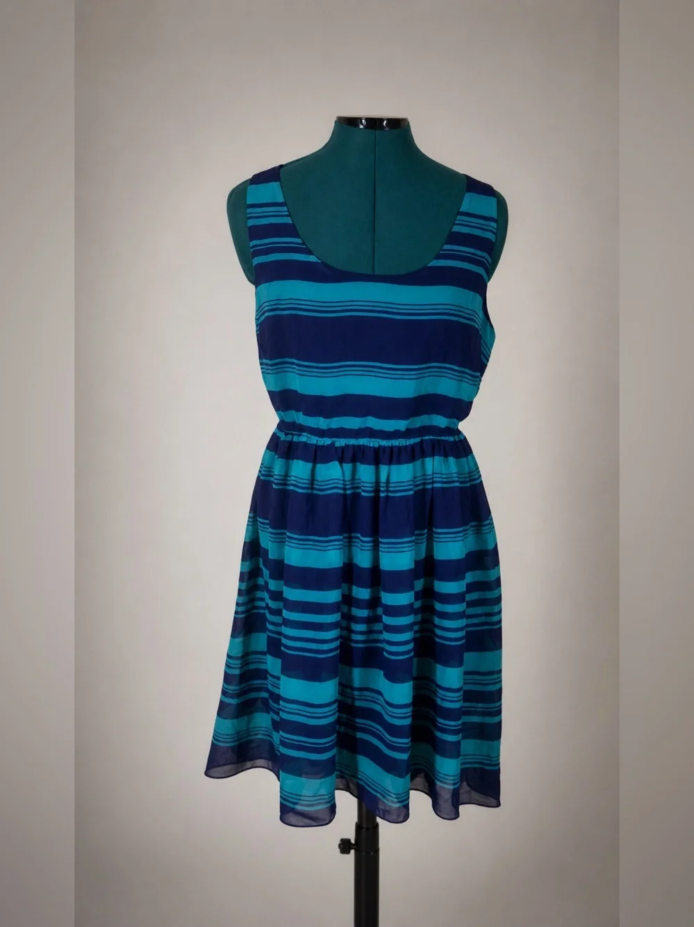 Attention Blue Stripe Hi‎ Low Fit & Flare Tank Dress Sheer Back M
